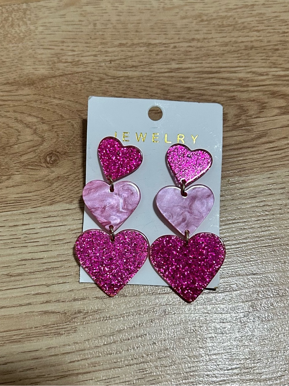Triple Heart Drop Earrings in Pink